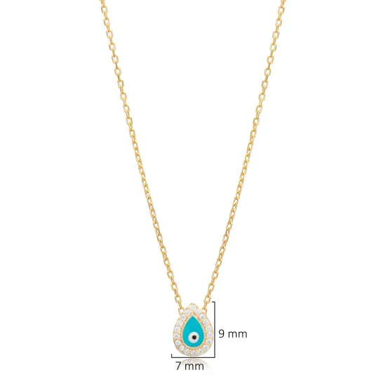 Blue Enamel Evil Eye Pear Shape 925 Silver Necklace