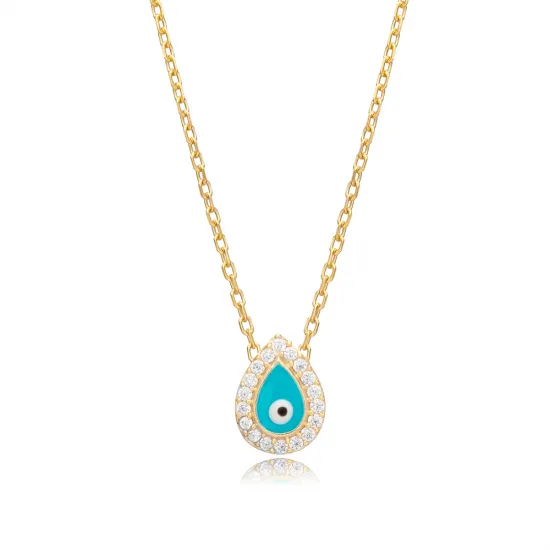 Blue Enamel Evil Eye Pear Shape 925 Silver Necklace