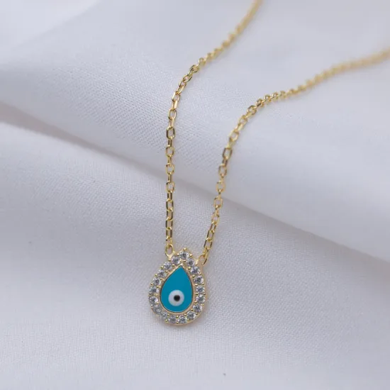 Blue Enamel Evil Eye Pear Shape 925 Silver Necklace