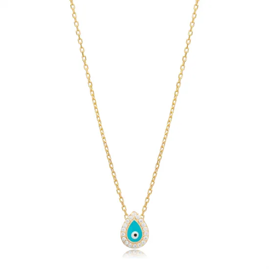 Blue Enamel Evil Eye Pear Shape 925 Silver Necklace