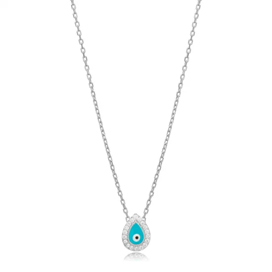 Blue Enamel Evil Eye Pear Shape 925 Silver Necklace