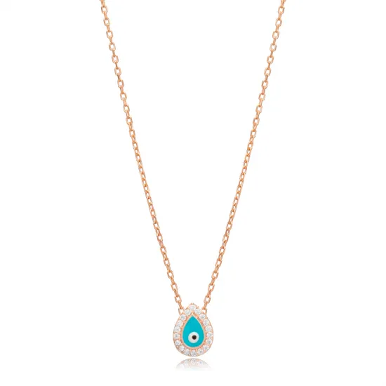 Blue Enamel Evil Eye Pear Shape 925 Silver Necklace