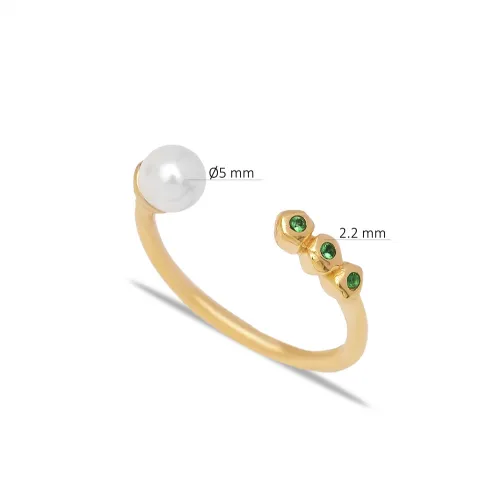 Pearl And Round Emerald Adjustable Sterling Silver Ring