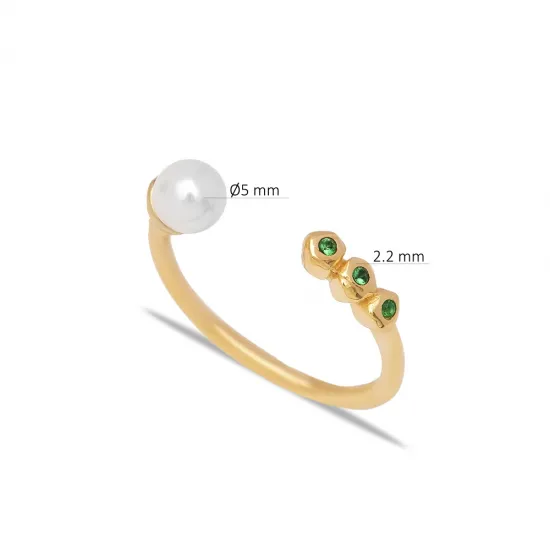 Pearl And Round Emerald Adjustable Sterling Silver Ring