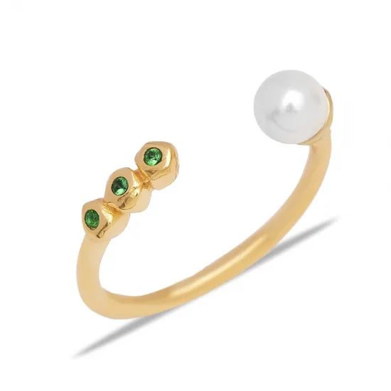Pearl And Round Emerald Adjustable Sterling Silver Ring
