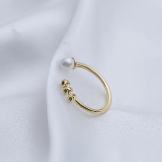 Pearl And Round Emerald Adjustable Sterling Silver Ring