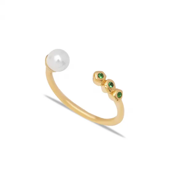 Pearl And Round Emerald Adjustable Sterling Silver Ring
