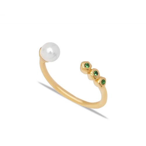 Pearl And Round Emerald Adjustable Sterling Silver Ring