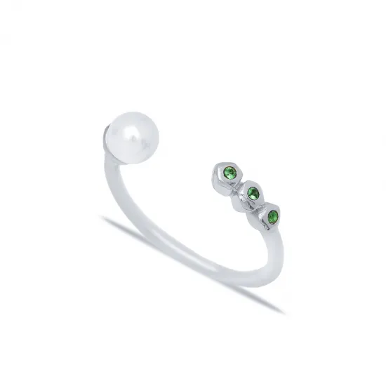 Pearl And Round Emerald Adjustable Sterling Silver Ring