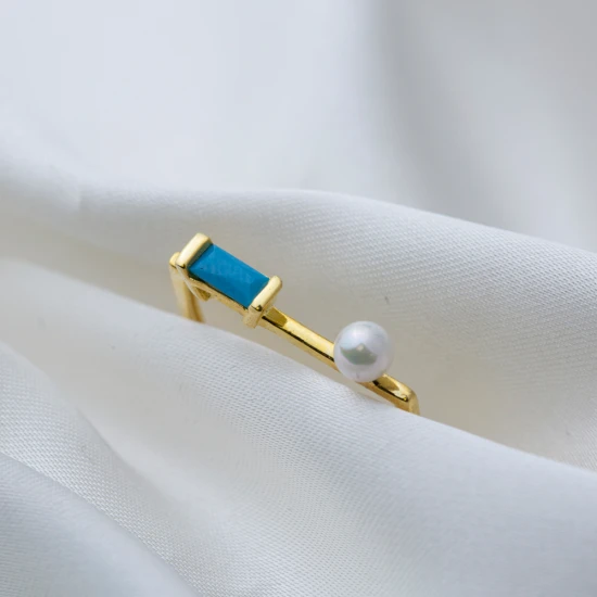 Thin Pearl With Baguette Turquoise Sterling Silver Ring Thin Pearl With Baguette Turquoise Sterling Silver Ring
