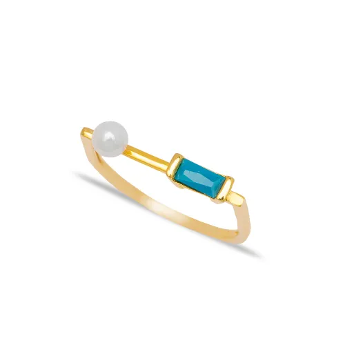 Thin Pearl With Baguette Turquoise Sterling Silver Ring