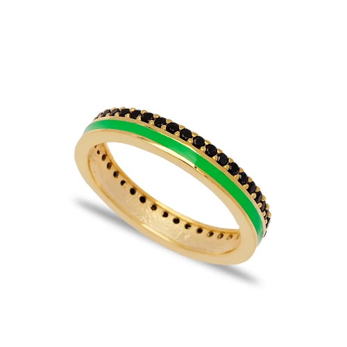 Green Enamel Black CZ Band 925 Sterling Silver Ring