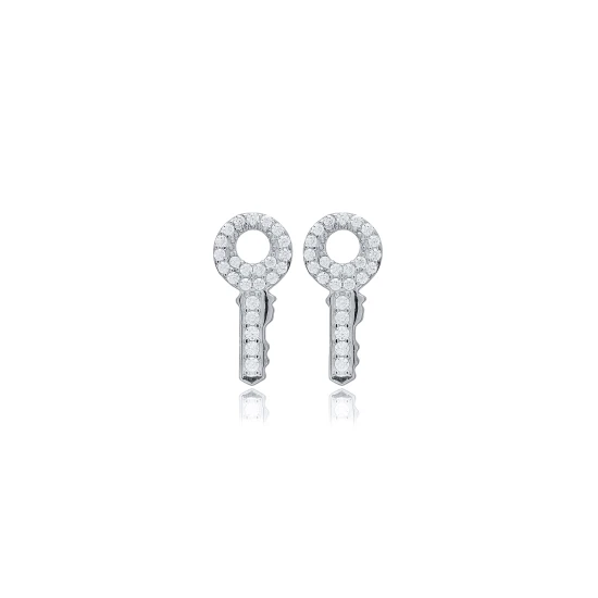 Handcrafted Key CZ 925 Sterling Silver Earrings | 925 Sterling Silver Wholesale | Sade Silver Handcrafted Key CZ 925 Sterling Silver Earrings - Sade 925 Silver Jewelry