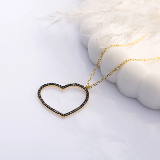 Black CZ Hollow Heart 925 Sterling Silver Necklace Black CZ Hollow Heart 925 Sterling Silver Necklace