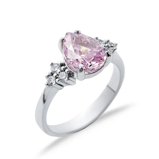 Light Pink CZ Pear Drop Cluster CZ 925 Silver Ring
