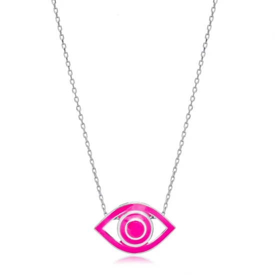 Eye Pink Enamel 925 Sterling Silver Necklace