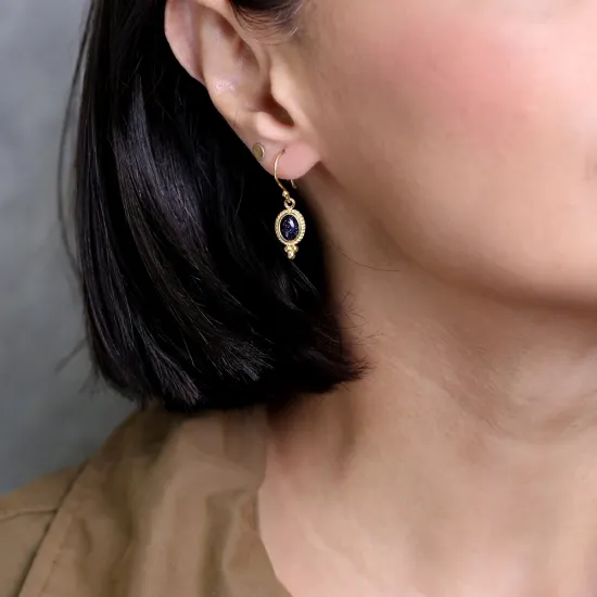 Black Star Stone Oval Vintage Silver 22K Gold Hook Earrings Black Star Stone Oval Vintage Silver 22K Gold Hook Earrings