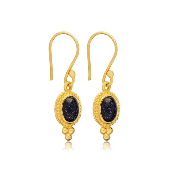 Black Star Stone Oval Vintage Silver 22K Gold Hook Earrings Black Star Stone Oval Vintage Silver 22K Gold Hook Earrings