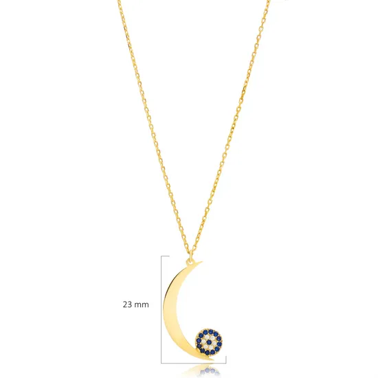 Plain Moon With Evil Eye 925 Sterling Silver Necklace