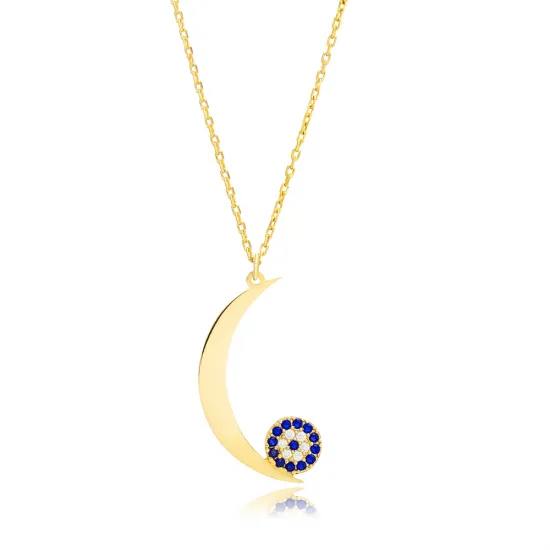Plain Moon With Evil Eye 925 Sterling Silver Necklace