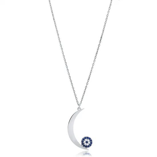 Plain Moon With Evil Eye 925 Sterling Silver Necklace