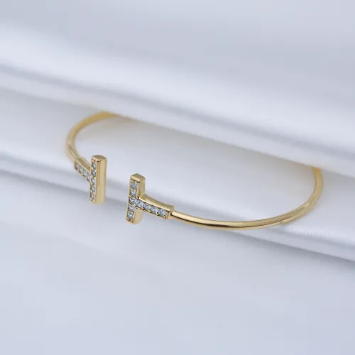 Made in Turkey Clear Double T Open CZ 925 Silver Bangle