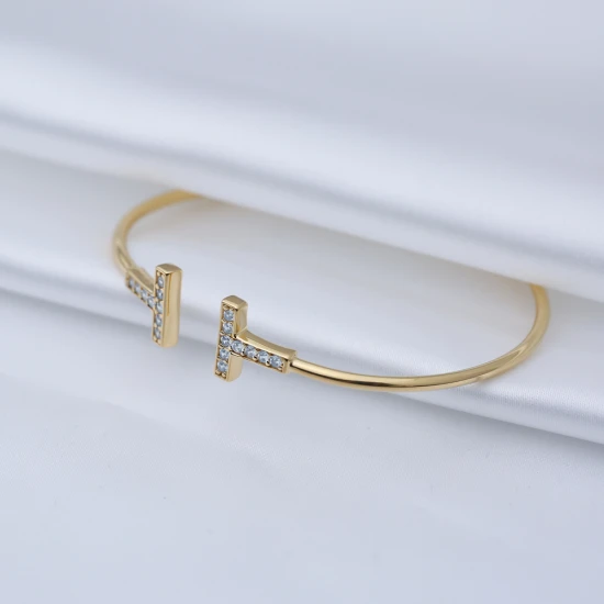 Made in Turkey Clear Double T Open CZ 925 Silver Bangle Made in Turkey Clear Double T Open CZ 925 Silver Bangle