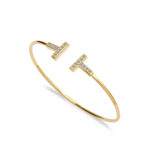 Made in Turkey Clear Double T Open CZ 925 Silver Bangle