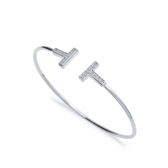 Made in Turkey Clear Double T Open CZ 925 Silver Bangle Made in Turkey Clear Double T Open CZ 925 Silver Bangle