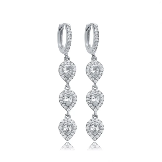 Three Pear Drop CZ Dangle 925 Sterling Silver Earrings | 925 Sterling Silver Wholesale | Sade Silver Three Pear Drop CZ Dangle 925 Sterling Silver Earrings - Sade 925 Silver Jewelry