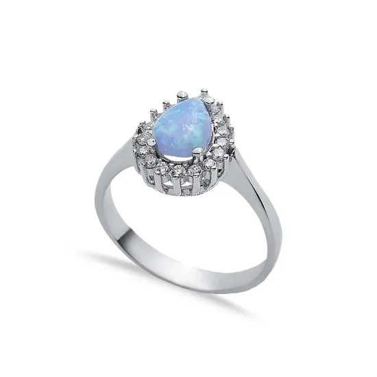 CZ Stone Pear Solitaire Light Blue Opal Silver Cluster Ring CZ Stone Pear Solitaire Light Blue Opal Silver Cluster Ring