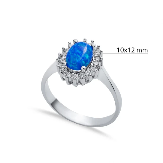 Oval CZ Solitaire Blue Opal Cluster 925 Silver Ring Oval CZ Solitaire Blue Opal Cluster 925 Silver Ring