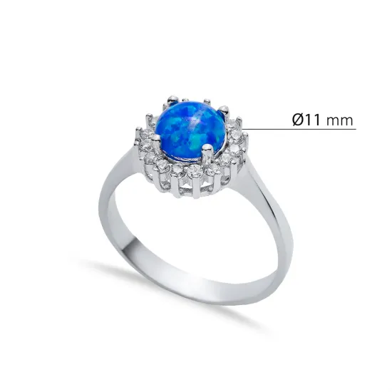 Round CZ Solitaire Blue Opal Cluster 925 Silver Ring