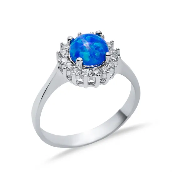 Round CZ Solitaire Blue Opal Cluster 925 Silver Ring