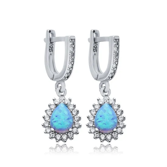 Pear Cut Light Blue Opal CZ Design Silver Dangle Earrings Pear Cut Light Blue Opal CZ Design Silver Dangle Earrings
