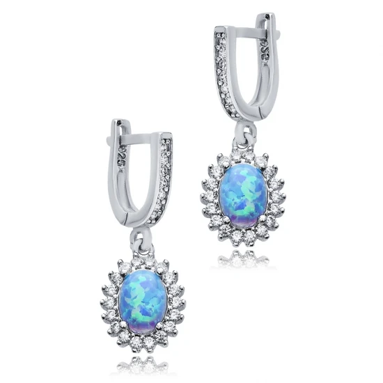 Oval Cut Light Blue Opal CZ Dangle 925 Silver Earrings - Sade 925 Silver Jewelry