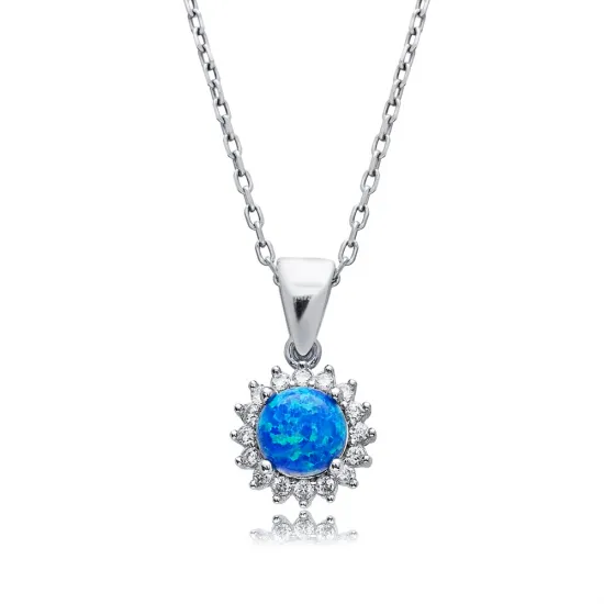 Round Cut CZ Blue Opal Wholesale Silver Charm Necklace Round Cut CZ Blue Opal Wholesale Silver Charm Necklace
