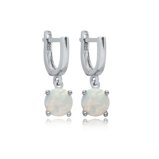 Solitaire Round White Opal Turkish 925 Silver Dangle Earrings Solitaire Round White Opal Turkish 925 Silver Dangle Earrings