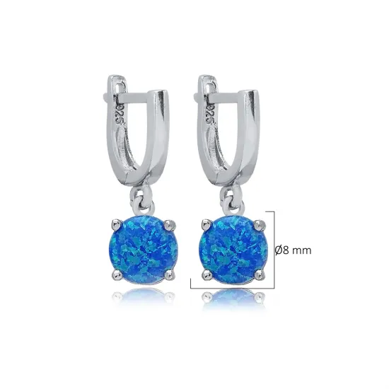 Solitaire Round Blue Opal Dangle 925 Silver Earrings Solitaire Round Blue Opal Dangle 925 Silver Earrings