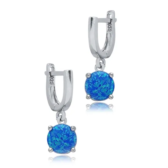 Solitaire Round Blue Opal Dangle 925 Silver Earrings Solitaire Round Blue Opal Dangle 925 Silver Earrings