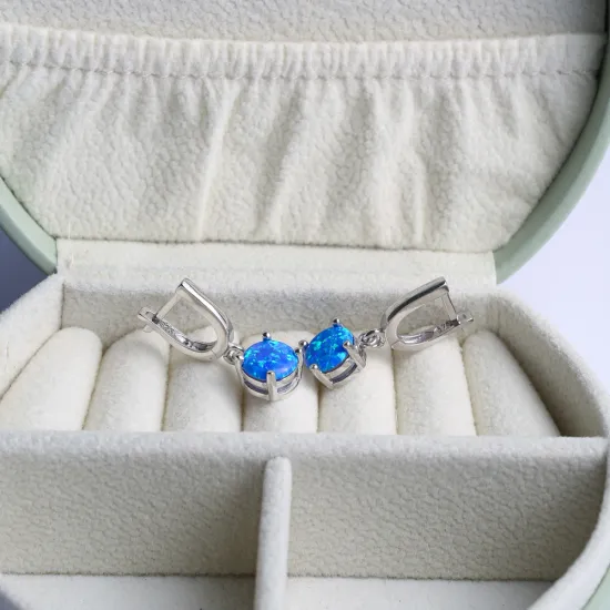 Solitaire Round Blue Opal Dangle 925 Silver Earrings Solitaire Round Blue Opal Dangle 925 Silver Earrings