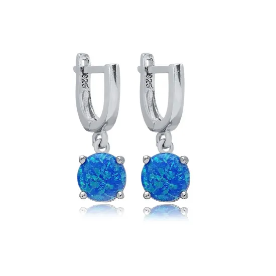 Solitaire Round Blue Opal Dangle 925 Silver Earrings Solitaire Round Blue Opal Dangle 925 Silver Earrings