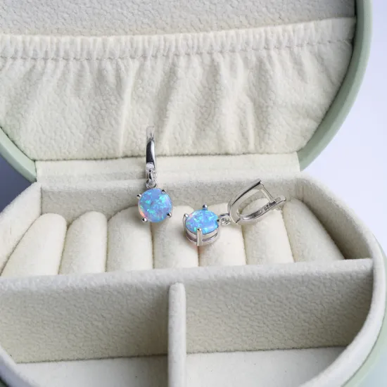 Round Light Blue Opal Dangle Sterling Silver Earrings Round Light Blue Opal Dangle Sterling Silver Earrings