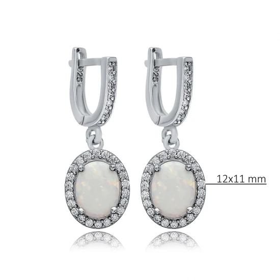 Oval White Opal CZ Dangle 925 Sterling Silver Earrings | 925 Sterling Silver Wholesale | Sade Silver Oval White Opal CZ Dangle 925 Sterling Silver Earrings - Sade 925 Silver Jewelry