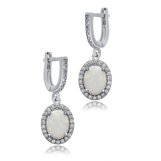 Oval White Opal CZ Dangle 925 Sterling Silver Earrings | 925 Sterling Silver Wholesale | Sade Silver Oval White Opal CZ Dangle 925 Sterling Silver Earrings - Sade 925 Silver Jewelry