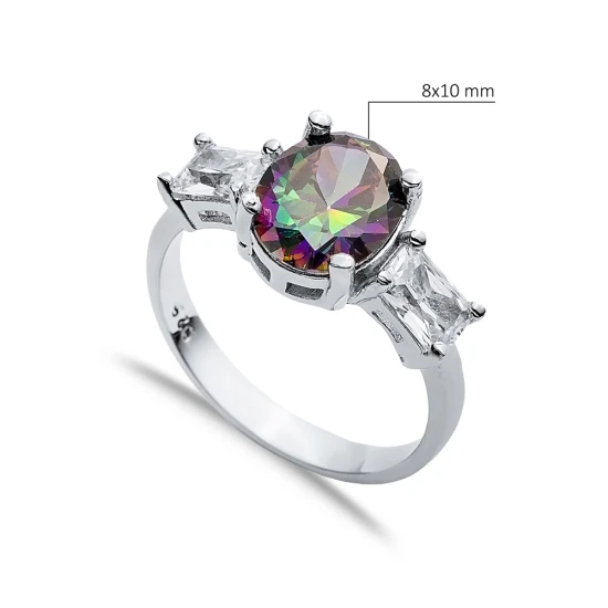 Oval Mystic Topaz Baguette CZ 925 Sterling Silver Ring | 925 Sterling Silver Wholesale | Sade Silver Oval Mystic Topaz Baguette CZ 925 Sterling Silver Ring - Sade 925 Silver Jewelry