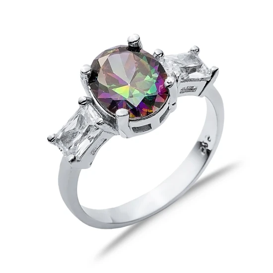 Oval Mystic Topaz Baguette CZ 925 Sterling Silver Ring | 925 Sterling Silver Wholesale | Sade Silver Oval Mystic Topaz Baguette CZ 925 Sterling Silver Ring - Sade 925 Silver Jewelry