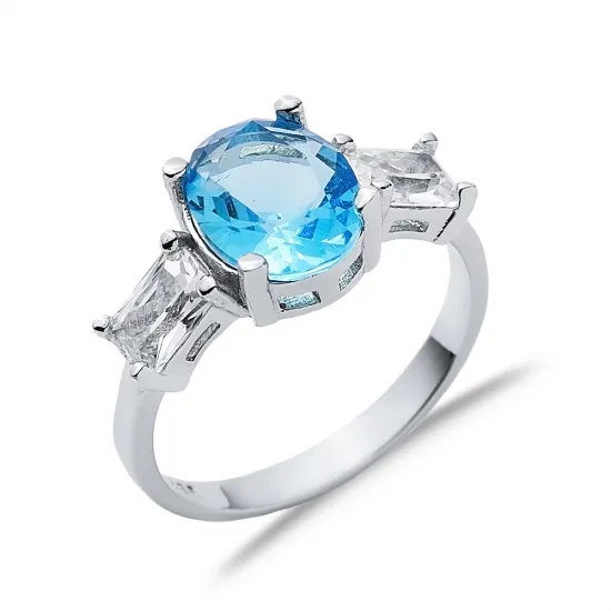 Oval Aquamarine Baguette CZ 925 Sterling Silver Ring Oval Aquamarine Baguette CZ 925 Sterling Silver Ring