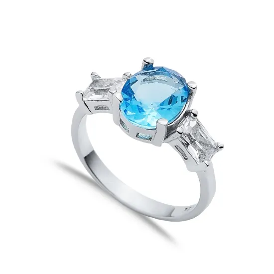 Oval Aquamarine Baguette CZ 925 Sterling Silver Ring Oval Aquamarine Baguette CZ 925 Sterling Silver Ring