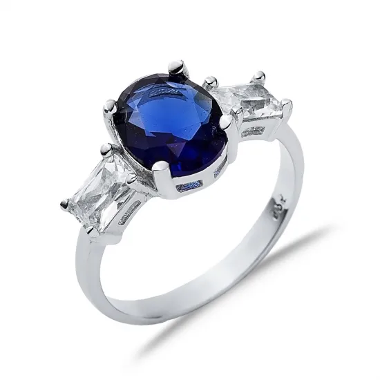 Oval Sapphire Baguette CZ Stone Ring Wholesale Silver Jewelry Oval Sapphire Baguette CZ Stone Ring Wholesale Silver Jewelry